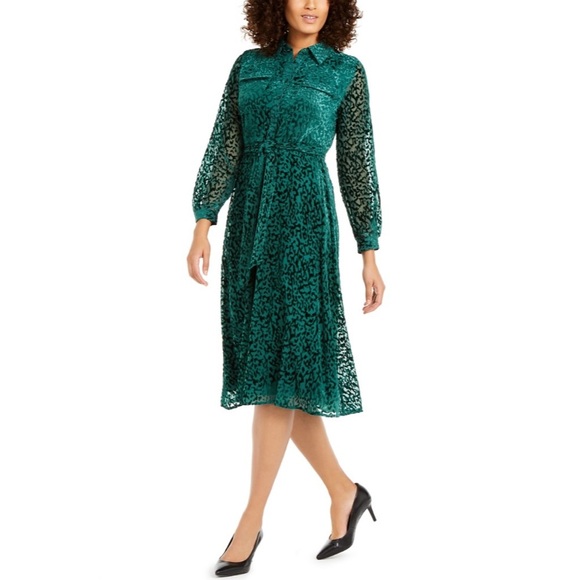 Alfani Dresses & Skirts - Alfani Velvet Burnout Belted Shirtdress Emerald